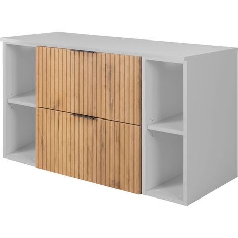 Furnidea - Meuble sous vasque FLOW CHÊNE 100 cm avec 2 x l'étagères - extensions et plan BLANC - 2 tiroirs - façades rainurées (1/5)