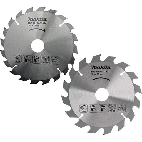 Makita – Lot de 2 lames carbure pour bois – Diamètre 185mm – Alésage 30mm – 16/20 dents – Angle de coupe 20° – Pour scies circulaires