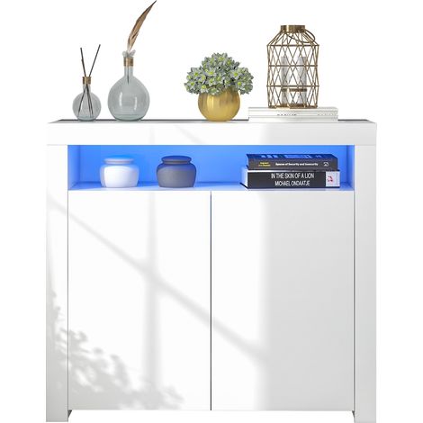 Commode buffet blanc brillant avec éclairage LED – Meuble de rangement moderne pour salon et cuisine, vitrine en bois et support TV