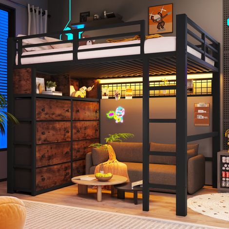 Lit mezzanine 140x200 cm Noir avec 8 tiroirs - étagères et ruban LED, lit surélevé 2 personnes moderne, gain de place, pour chambre (1/5)