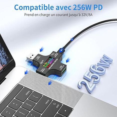 Testeur USB Multimètre USB C 3.6-32V 0-8.0A Meter de Courant et de Tension Voltmetre Amperemetre Capacité Alimentation Wattmètre Chargeur Détecteur adaptateur OTG (1/4)