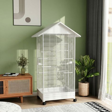 Cage oiseau sur pied volière oiseaux intérieure sur roulettes 2 mangeoires 8 perchoirs 79 x 65 x 155 cm fil d'acier blanc (1/5)