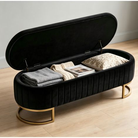 Panca contenitore 130 cm in velluto nero con piedi in metallo dorato (1/5)