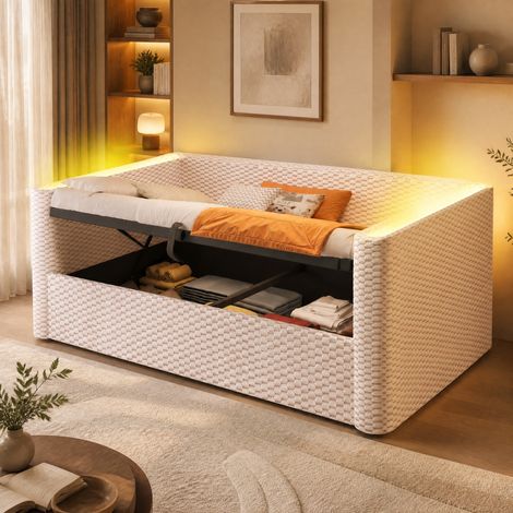 Sofá cama 90x200 cm en terciopelo beige con almacenaje hidráulico, LED multicolor y estructura MDF, ideal para dormitorio, salón o habitación infantil  CHICFURN (1/5)