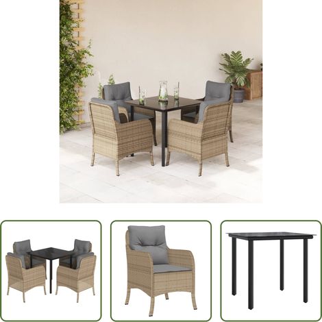 Gartentisch - 5-tlg. Garten-Essgruppe mit Kissen Beige Poly Rattan (1/5)