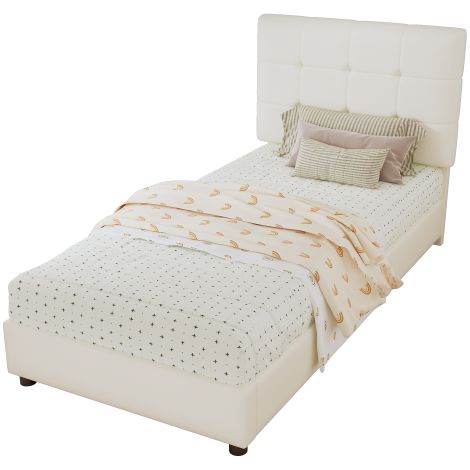 Lit enfant rembourré 90x200 cm beige tête de lit biscuit mousse antidérapante PU et fer (1/5)