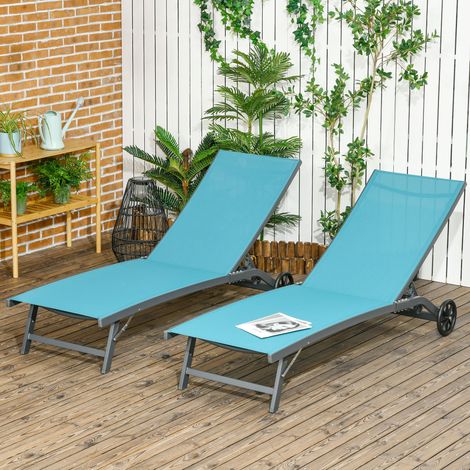 Lot de 2 bains de soleil en aluminium et textilène avec roulettes dossier inclinable charge max. 150 Kg bleu