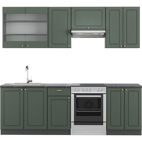 Küchenzeile Fame-Line, Grün-Gold Landhaus/Anthrazit, 240 cm ohne Arbeitsplatte, Vicco (1/5)