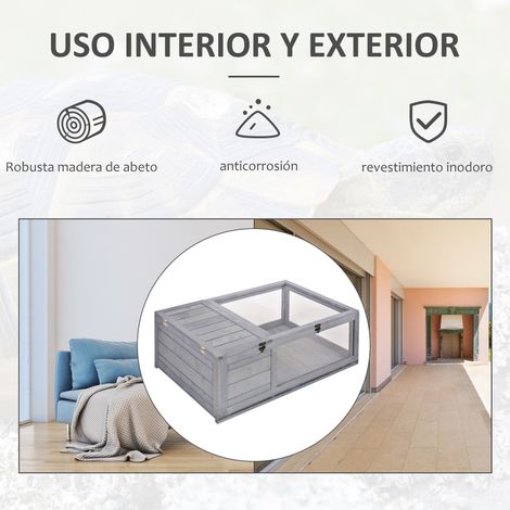 Maison en bois pour tortues avec toit en filet et panneaux latéraux transparents amovibles 91 x 60.5 x 32 cm Gris (1/5)