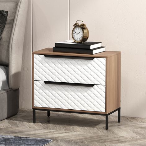 Kommode mit zwei Stoffschubladen, Fronten mit Rautenmuster, für Wohnzimmer, Büro, Ankleidezimmer, Natur und Weiß