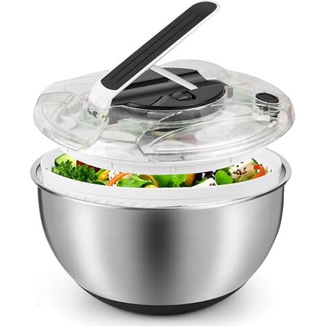 Centrifugadora de ensaladas de 3,5 L, de acero inoxidable, grande, con tapa y base antideslizante, para lavar y escurrir ensaladas, escurrir pastas, etc.