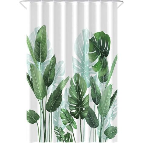 Rideau de Douche Anti-moisissure 150180 cm –Polyester – avec Anneaux – Rideaux de Douche - Shower Curtain - Motif Feuilles Tropicales - Tissu Lavable en Machine (1/4)