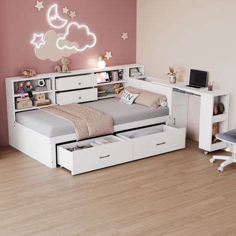 Canapé-lit bois blanc 90 x 200cm, rangements multiples, étagères cachées, douille, bureau convertible, lit simple pour jeunesse