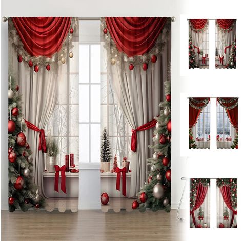 Rideau De Cuisine - Motif De Noël Imprimé Numériquement - Double Voilage Pour Fenêtre - 2 Pièces (1/4)