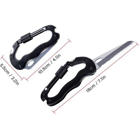 Couteau mousqueton noir 5 en 1 en acier inoxydable, porte-clés multifonction ergonomique avec mousqueton pour l'alpinisme et le camping (1/5)