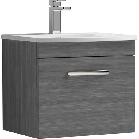 Nuie Athena Anthracite Woodgrain 500mm Wall Hung Single Drawer Vanity Unit and Curved Ceramic Basin - ATH011G (1/5)