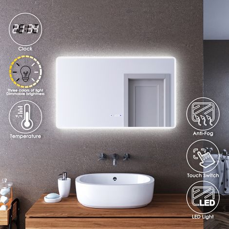 ELEGANT Bathroom Mirror with Clock Temperature Display Three Color Mode 1000 x 600mm Anti-foggy LED Illuminated Mirror