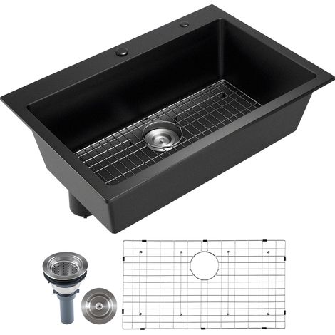 Mophorn Postazione di lavoro con lavello da cucina da 84 cm, lavello in granito da montare sull'alto, lavabo a una vasca da incasso con accessori, ideale per camper, cucine di preparazione e bar