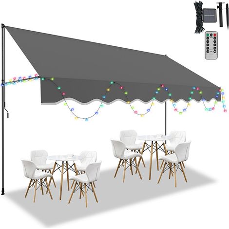 Wolketon Klemmmarkise mit LED 400x120cm Balkonmarkise, UV-beständig 50+ höhenverstellbar Sonnenschutz ohne Bohren für Terrasse und Balkon Grau