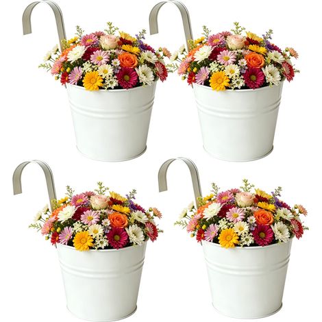 4 Pièces Suspension En Métal Pots De Fleurs avec trous de drainage,16cm Pots de Plantes Seau à Fleurs mural avec Crochet Détachable, Pour Balcon Clôture Jardin Décor à La Maison (Beige) (1/5)