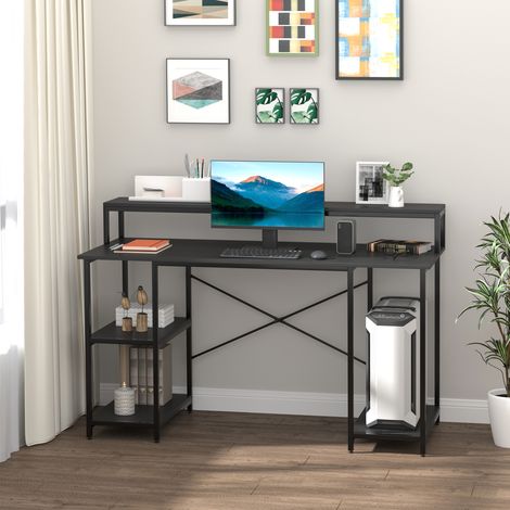 HOMCOM Mesa para Computadora Escritorio de Oficina Estudio con 3 Estantes Tabla Superior Patas con Almohadillas Ajustables Antideslizantes Marco Metálico 140x60x93 cm Negro (1/5)
