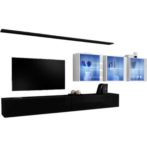 Composizione murale SWITCH XVII – Doppio mobile TV, cubi vetrati LED e mensole – Nero e bianco lucido – Design contemporaneo