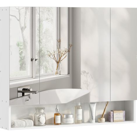 Miroir de salle de bain avec armoire à 3 portes à fermeture douce et étagères réglables, 90 x 15 x 75 cm, blanc (1/5)