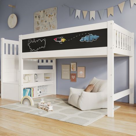 Letto rialzato bambini 90x200 cm con lavagna bianca e lavagna nera, vano portaoggetti e sponda anticaduta, senza materasso, bianco (1/5)