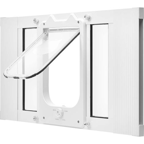 Mophorn Katzenklappe für Fensterbreiten von 584 bis 711 mm, Haustiertür mit 4 einstellbaren Verriegelungsmodi, robustem Aluminiumrahmen, transparentem Glas und Magnetverschluss, wetterfest, Weiß