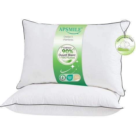Oreillers 50x75 Lot de 2 - Oreiller en Plume d'oie Confort Ferme - Enveloppe 100% Coton Bio - 90% Duvet Blanc à l'extérieur - Mélange de Plumes à l'intérieur - Lavable en Machine (1/5)
