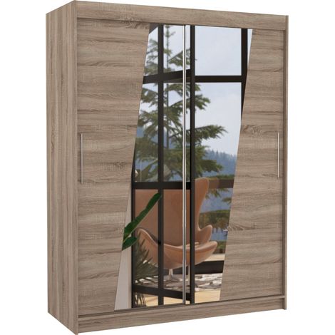 Armoire de chambre 2 portes coulissantes bois truffe et miroirs en diagonale Bekone 150cm (1/5)