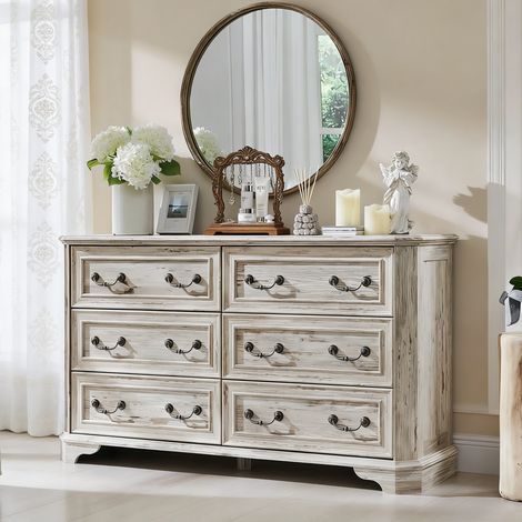 Commode bois Style Farmhouse 54" Large avec 6 Tiroirs, Commode Rustique à Texture Naturelle & Design Vintage, Organisateur de Rangement pour Chambre & Salon - Panneau de Particules Blanc Défraîchi