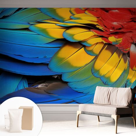 Papier peint intissé mural avec imprimé motifs uniques apparence moderne - Colle incluse gratuite Plumes arc-en-ciel 312x219 cm (1/5)