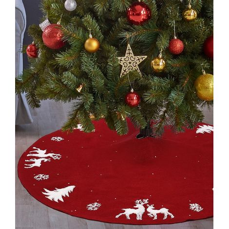 Jupe De Sapin De Noël 122cm Rouge Avec Motif 3D Elk Tapis De Base D'arbre Pour Decoration Noel Festive Et Colorée (1/4)