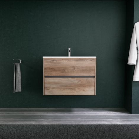 Inda - Badezimmerschrank 2 Schubladen L.80 mit mattem Waschbecken / Natureiche - Diamante