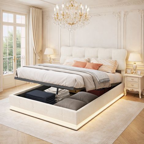 Lit coffre capitonné 140x190 cm avec éclairage LED, port USB et rangement - lit capitonné double avec tete de lit pour adultes et adolescents - velours beige (1/5)