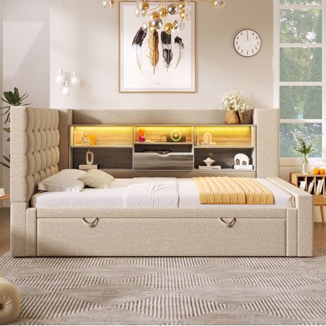 Letto imbottito 90x200 cm beige in lino e metallo, con letto estraibile, LED, prese USB e testiera L (1/5)