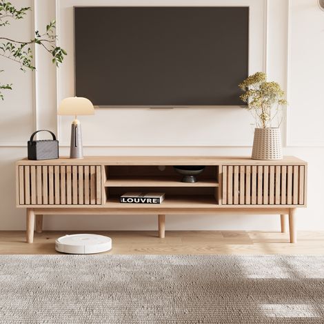 Meuble TV, 2 étagères, 2 Portes, Console TV, Armoire TV, 150x40x48cm, bois naturel, pour Salon et Chambre (1/5)