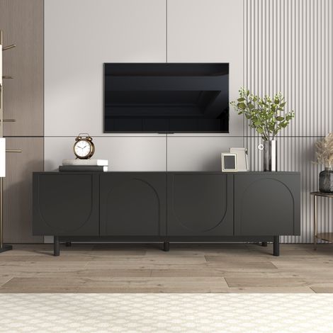 Meuble TV 175 cm noir, 4 portes push-to-open, étagères réglables, pieds en bois massif, meuble bas moderne avec rangements (1/5)