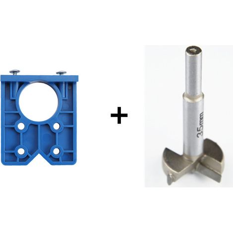 Outil de positionnement des trous de charnière (bleu) + foret de 35 mm Gabarit de perçage pour charnières de 35 mm, outil auxiliaire de perçage pour le travail du bois, gabarit de perçage pour charniè (1/5)