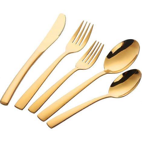 Ensemble de couverts 5 pièces dorés en métal et acier inoxydable, comprenant un couteau, une fourchette et une cuillère réutilisables. (1/4)