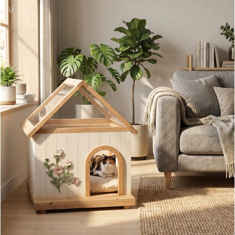 Casetta per gatti in legno FSC® con tetto in acrilico, 68 x 55 x 80 cm, bianca DESVIAE (1/5)