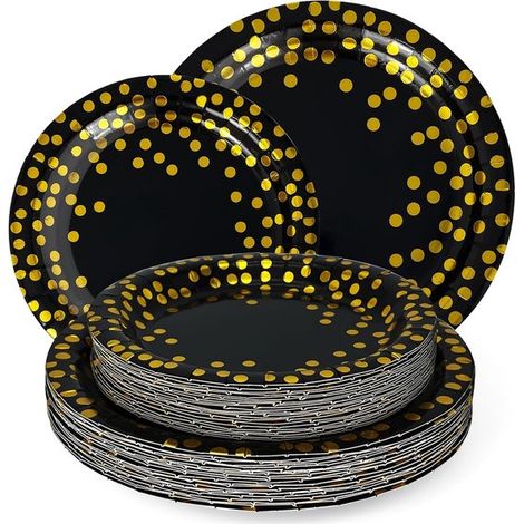 Set di 40 piatti di carta per feste, con diametri di 23 cm e 18 cm, e piatti con pois dorati, adatti per battesimi, compleanni e matrimoni. (1/5)