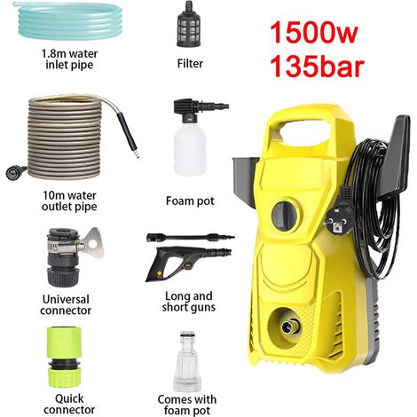 Nettoyeur électrique haute pression 1500W – 135 bar – 336 L/h – pistolet haute pression multi-angle
,Jaune (1/5)