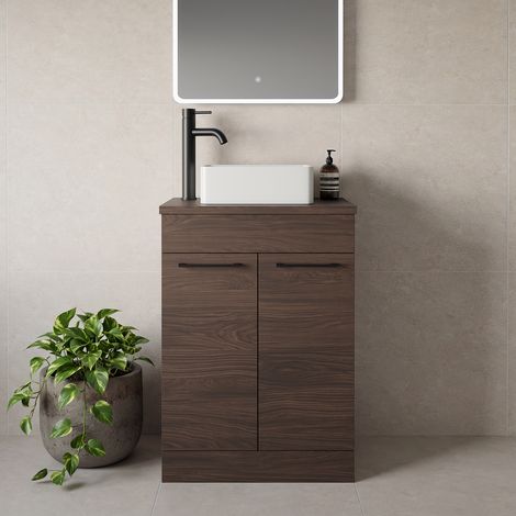 Napoli 390 Brown Oak 600mm 2 Door Vanity Unit for Countertop Basins - 600mm - Matt Black 160mm Handle