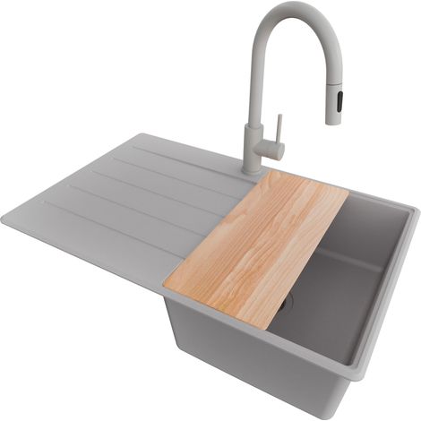 PRIMAGRAN Evier Cuisine en Granit 78x50cm, Lavabo 1 bac + Robinet 40x20cm + Kit de Vidage + Accessoire, Évier à Encastrer au meuble 45cm - Copenhague, Gris (1/5)