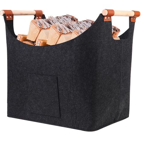 Panier en bois pour bois de cheminée, 60 L, avec poignées, grand, en feutre extra épais, 45 x 32 x 40 cm (1/5)