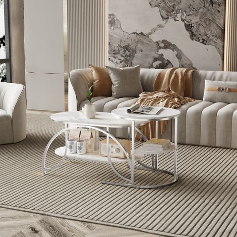 Tavolino basso, Tavolino da soggiorno, Tavolino a nido, Tavolino basso versatile e compatto – Design moderno e funzionale, Perfetto per soggiorno o piccoli spazi, Argento e bianco