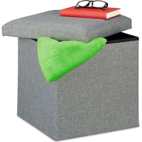 Relaxdays Puf con almacenaje, plegable, acolchado, cuadrado, de tela, 37 x 37,5 x 37,5 cm, gris