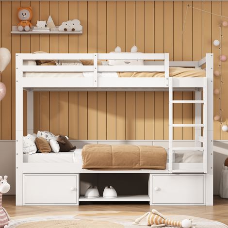 Letto a castello per bambini, lettino per bambini con scarpiere e armadietti, letto diviso in 2 letti singoli, letto per ragazzi, letto singolo, bianco, 90x200 cm. (1/5)